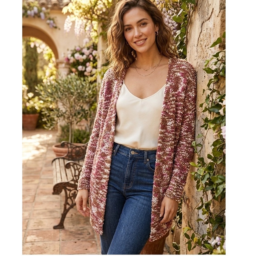 New Directions Pink Brown Popcorn‎ Knit Open Front Cardigan Sweater L
